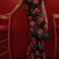 🎉Hot Sale 50% OFF🥳Cheongsam Style Rose Floral Print Tiered Flare Sleeve Stretch Maxi Dress
