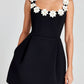 Cindy Faux Pearl Flower Applique Square Neck Pocketed Mini Dress