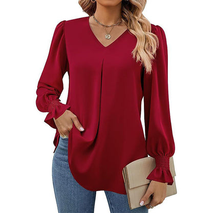 Women's Casual Solid Color V-Neck Long Sleeve Blouse