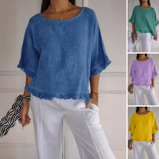 💕Women's Solid Round-Neck Short Sleeve Ruffle Tops