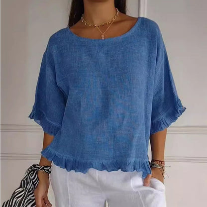 💕Women's Solid Round-Neck Short Sleeve Ruffle Tops